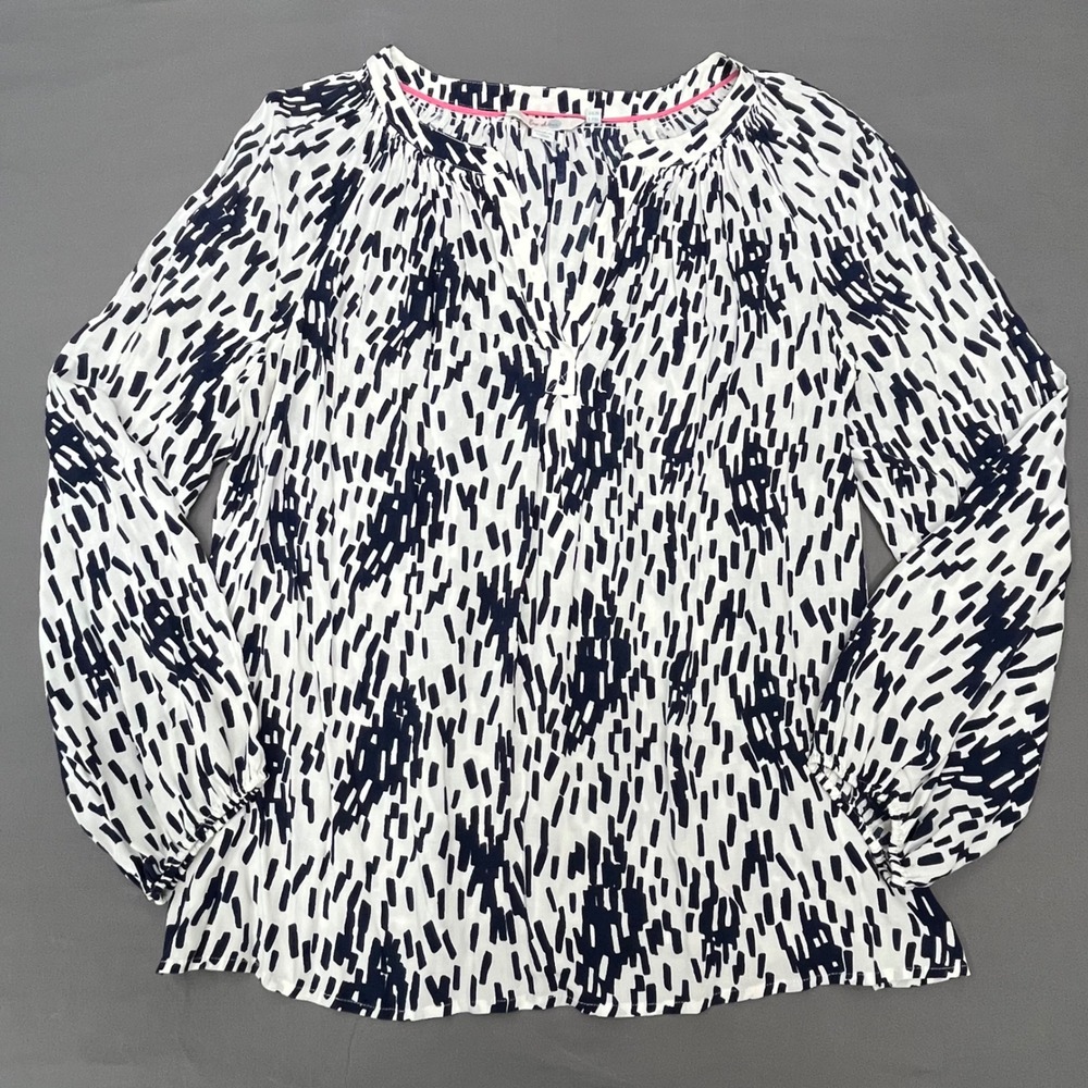 Boden Navy White Abstract Dash Print Viscose Blouse WA678 Womens 12R Long Sleeve